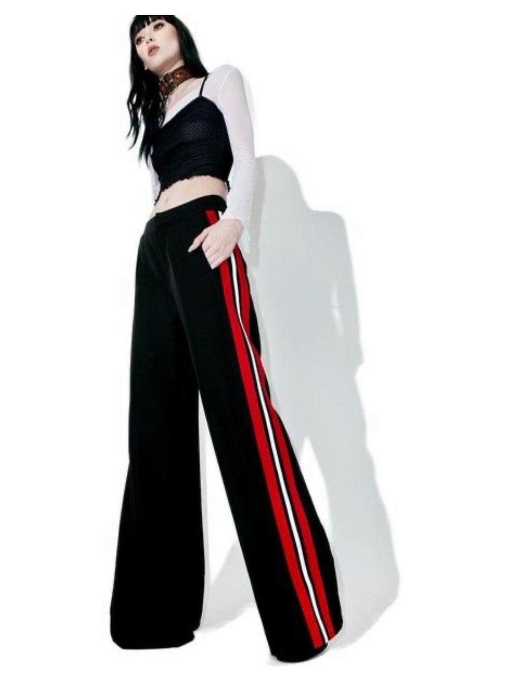 Honey Punch Black Wide-Leg Pants with Red and White Side Stripes